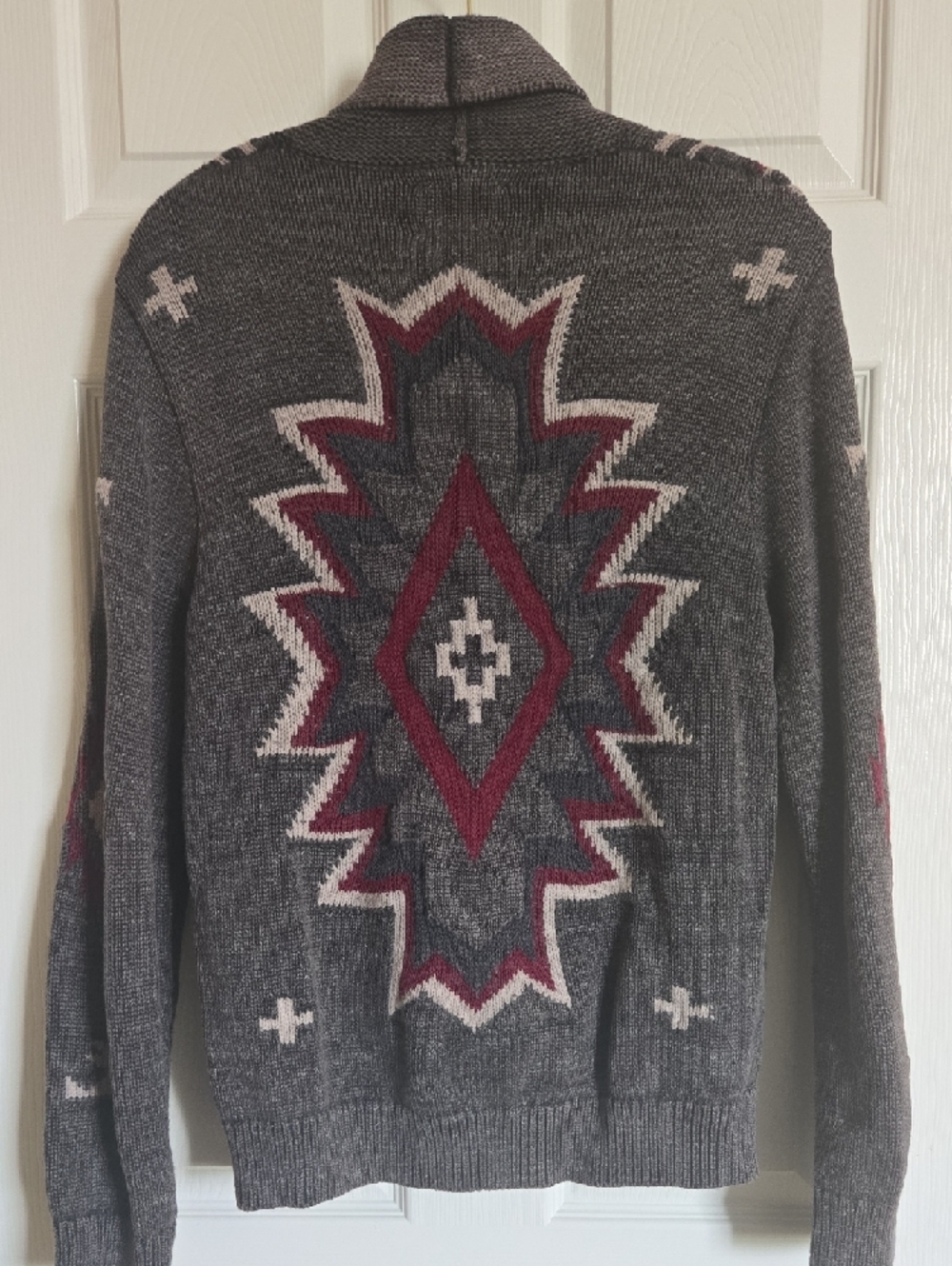 Lucky Brand Gray Shawl Collar Cardigan with Maroon Trim - Picture 3 of 5